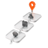 3D-Prozesspfad mit Sprechblasen-, Kalender-, Personen- und Standort-Icons auf weißen Stufen vor schwarzem Hintergrund.
