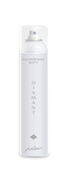 Weiße Sprühdose Miee Haarspray Soft Diamant mit transparentem Deckel vor schwarzem Hintergrund.
