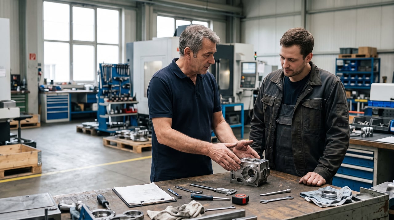 Werkstattmeister und Monteur im Fachgespräch an einer Werkbank in einer hellen Fertigungshalle.