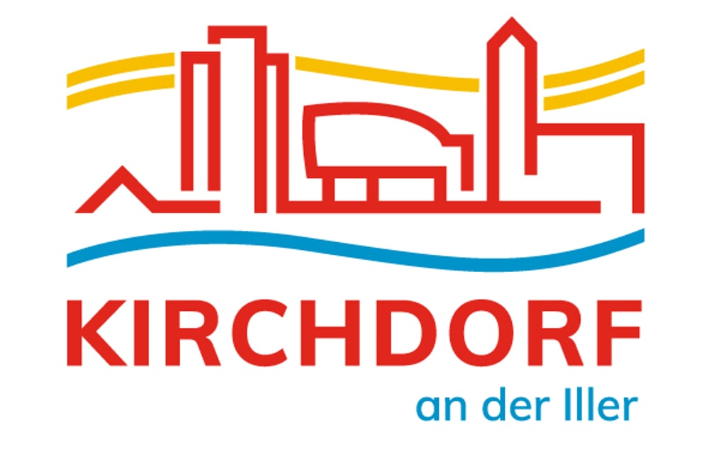 Stilisierte Skyline mit roten Gebäuden, gelben Linien und blauer Welle, darunter "KIRCHDORF an der Iller".