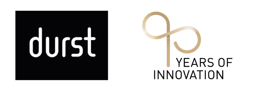 Durst Logo und goldene Zahl 90 mit Text "Years of Innovation".