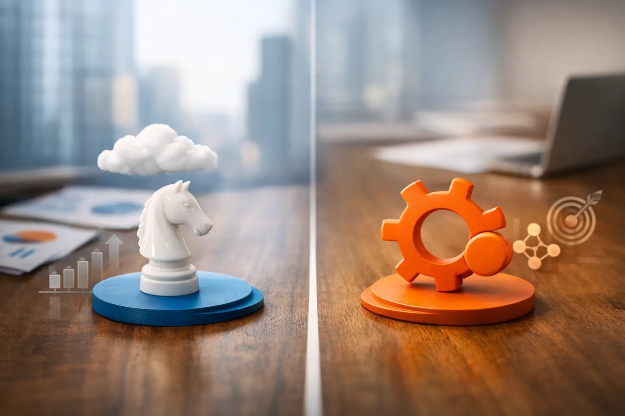Weiße Schachfigur Springer unter einer Wolke neben einem orangefarbenen Zahnrad auf einem Holztisch im Büro.