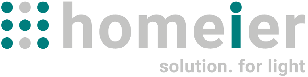 Logo von homeier: grauer Text mit türkisfarbenem Punktmuster links und türkisfarbenem "i"-Punkt, darunter "solution. for light".
