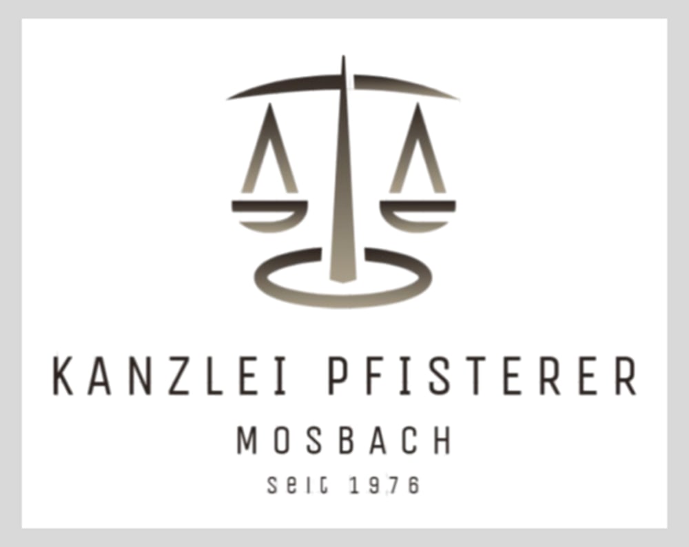 Waage-Symbol über dem Text "Kanzlei Pfisterer Mosbach seit 1976".