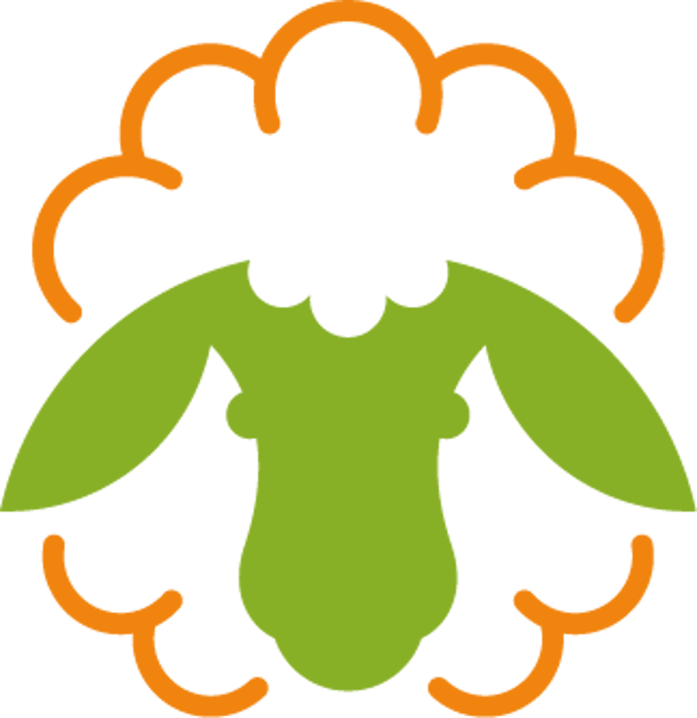 Grünes Schafsymbol mit einem orangefarbenen, blumenförmigen Rahmen.