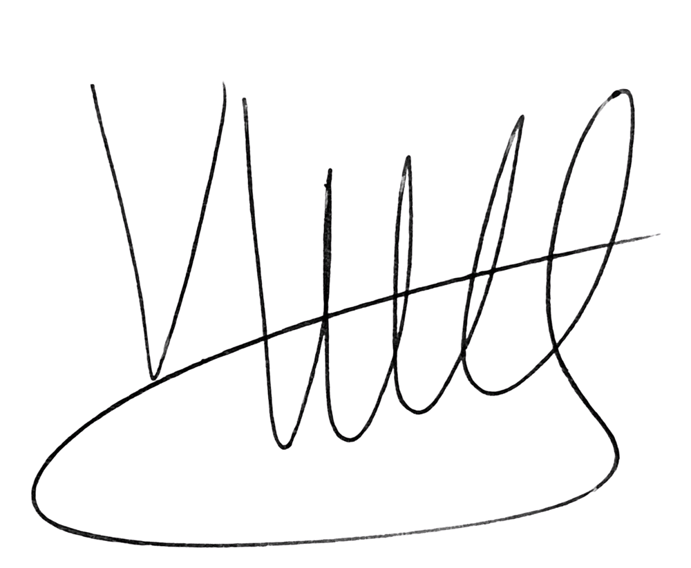 Viktoria Wolf, Schwarze, geschwungene Unterschrift auf dunkelgrünem Hintergrund.