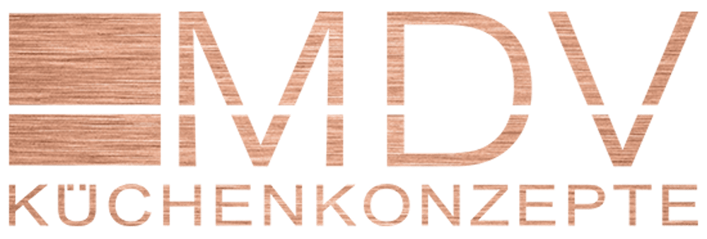 Logo mit brauner Holztextur: "MDV" in Großbuchstaben über "KÜCHENKONZEPTE".