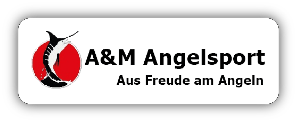 Logo: A&M Angelsport, Aus Freude am Angeln. Schwarzer Schwertfisch auf rotem Kreis.