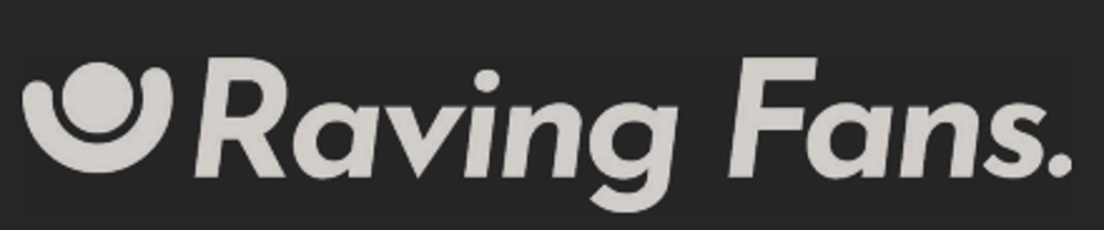 Raving Fans Logo mit einem blau-grünen Icon, das eine stilisierte Person mit erhobenen Armen zeigt.