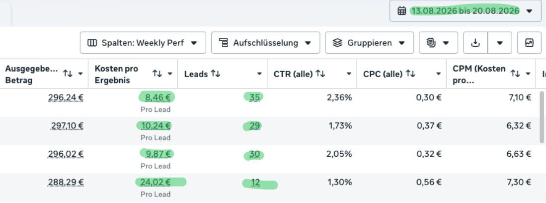Screenshot Werbeanzeigenmanager mit Kosten pro Anfrage