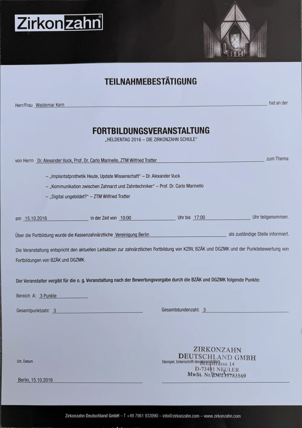 Fortbildungszertifikat 1 von ADU-Dental