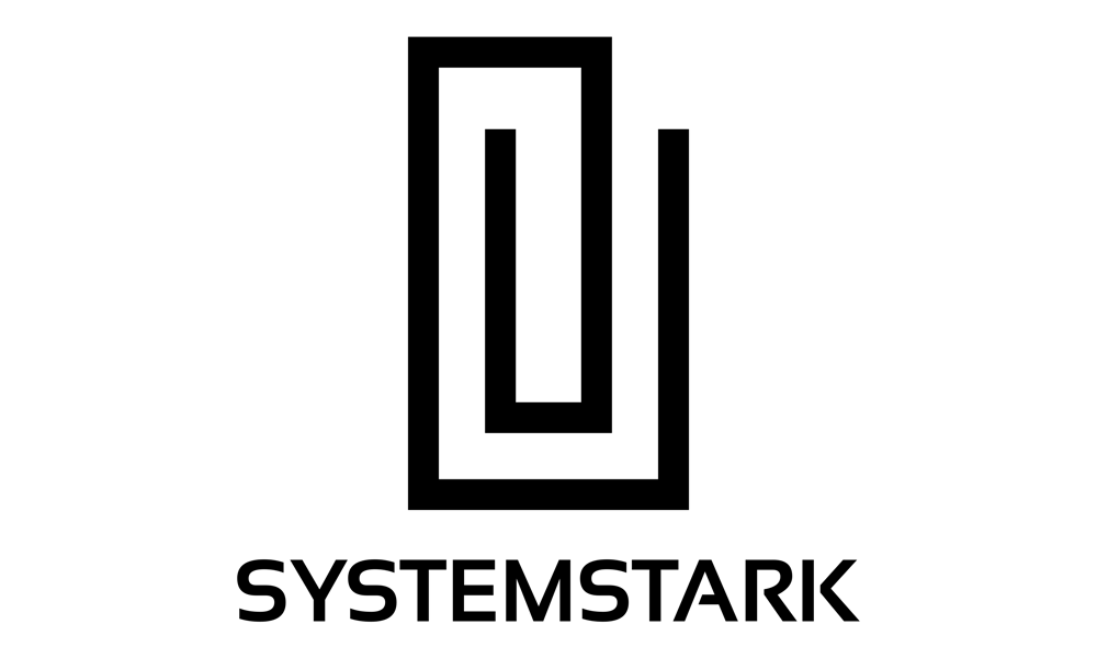 SYSTEMSTARK Logo mit zwei verschachtelten Rechtecken in Türkis auf dunkelgrünem Hintergrund.