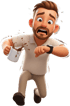 Ein 3D-Cartoon-Mann rennt, verschüttet Kaffee aus einer weißen Tasse und schaut ängstlich auf seine Armbanduhr.