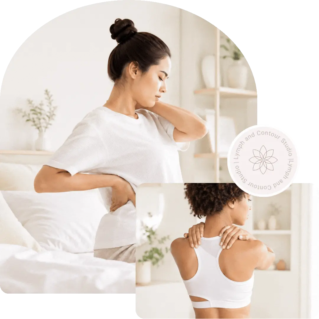 Two women holding their neck and back in discomfort beside a Lymph and Contour Studio logo.