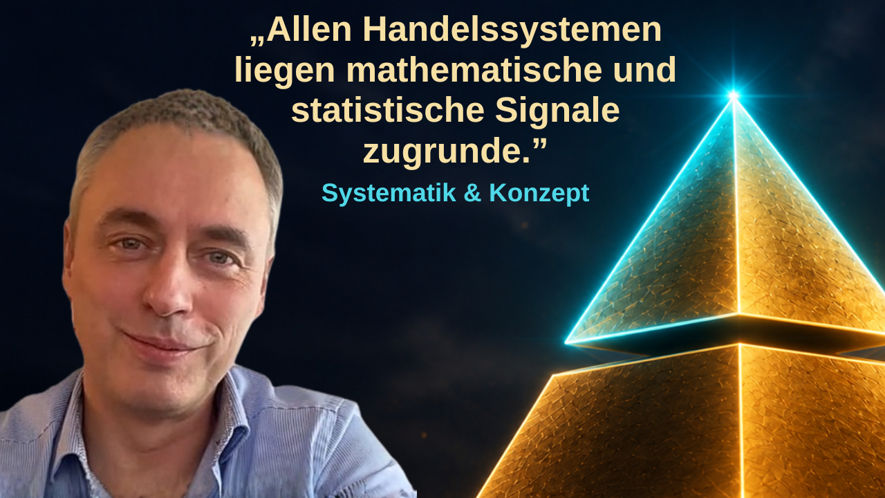 Marco Knörr, Mitglied im TB-Service, daneben sein Satz: Allen Handelssystemen liegen mathematische und statistische Signale zugrunde. Rechts die goldene Pyramide mit türkis leuchtender Spitze, darunter das Stichwort Systematik und Konzept.