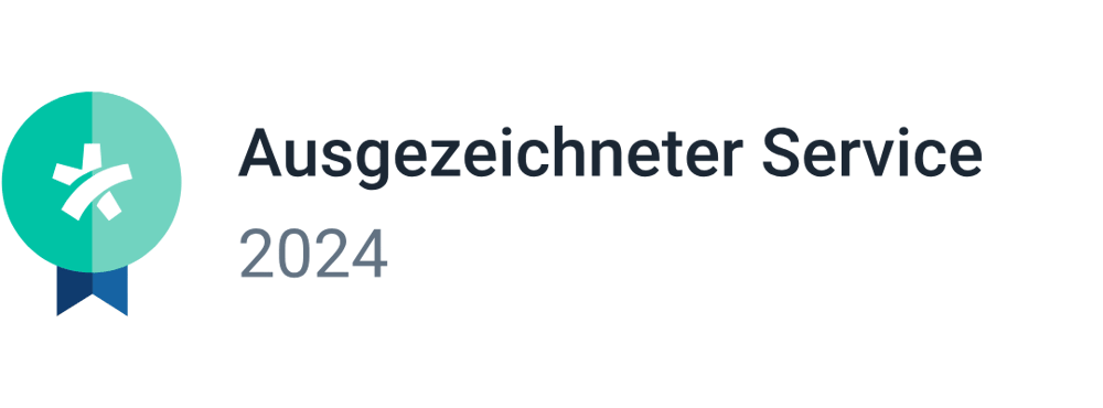Siegel für Ausgezeichneter Service 2024 mit grünem Stern-Icon und blauem Band.