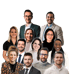 Gruppe von 12 lächelnden, professionell gekleideten Männern und Frauen vor grünem Hintergrund.