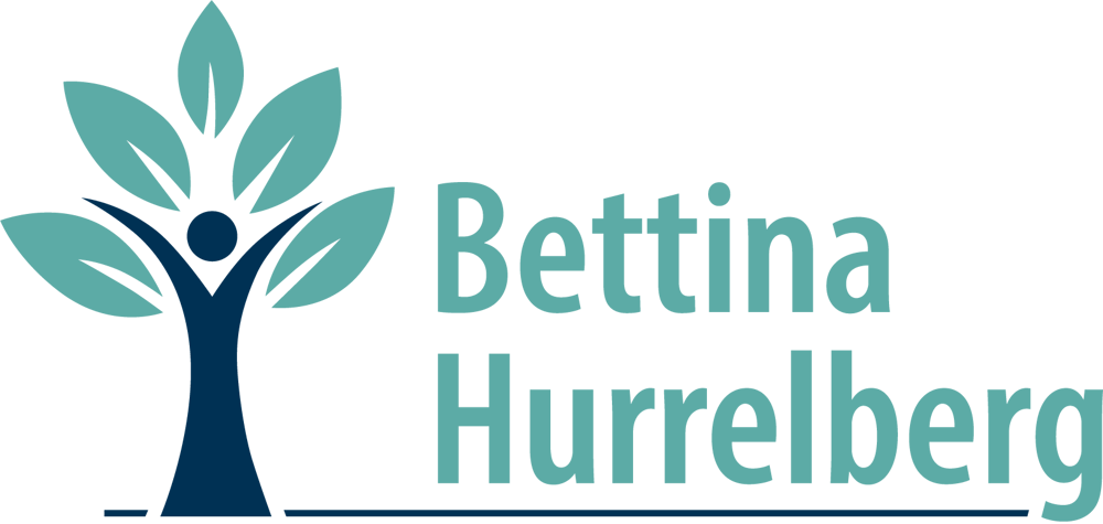 Logo mit Baum, dessen Stamm eine Person mit erhobenen Armen formt, daneben der Text "Bettina Hurrelberg".