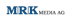 MIRK MEDIA AG Logo mit blauen Buchstaben MIRK und schwarzen Buchstaben MEDIA AG auf grünem Hintergrund mit weißen Punkten.