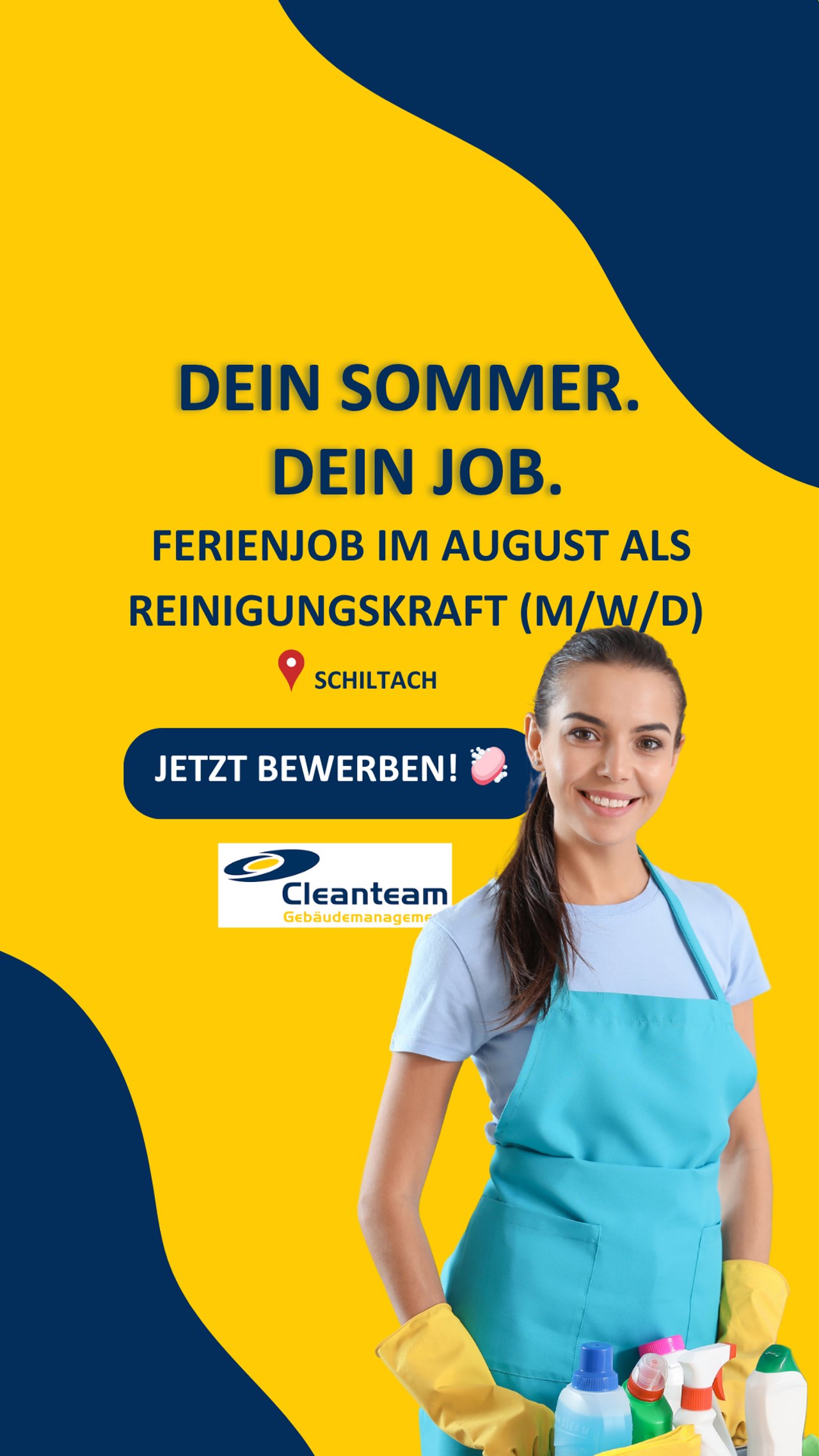 Recruiting-Anzeige CTG Cleanteam: lachende Reinigungskraft, „Dein Sommer. Dein Job.“ Ferienjob im August