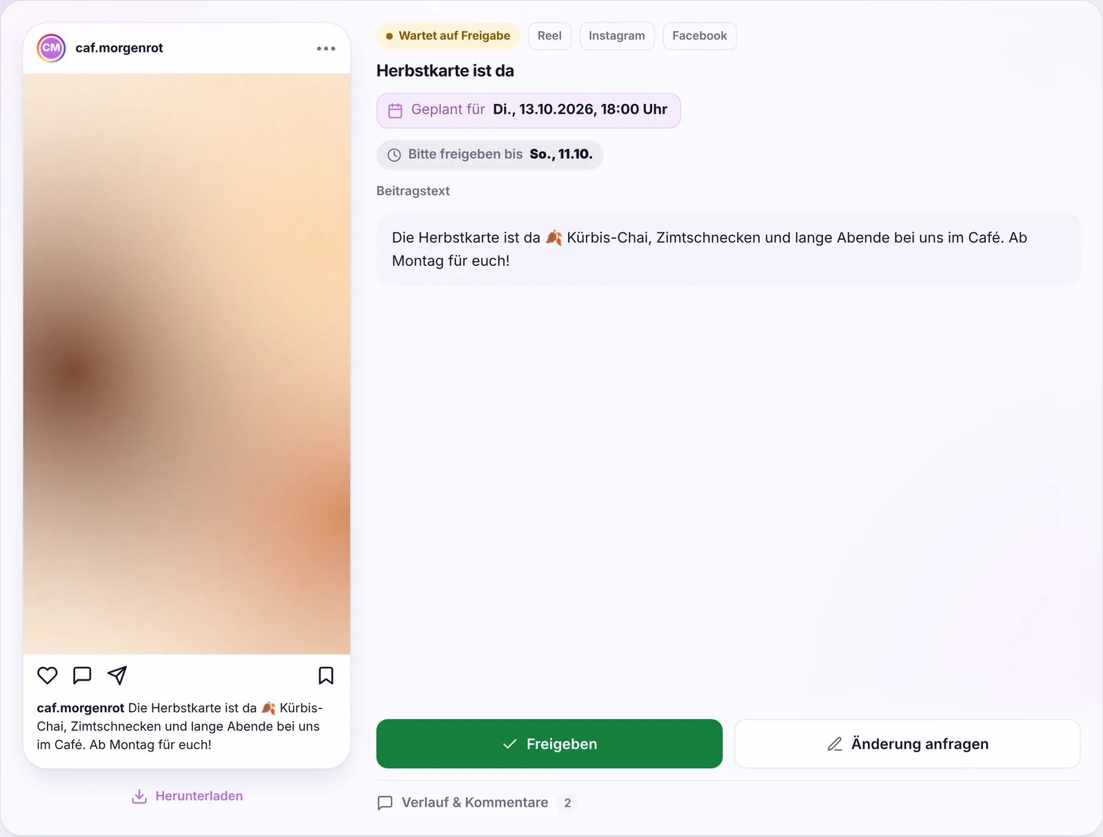 Beitrag zur Freigabe im Kundenportal mit Feed-Vorschau und Freigeben-Button