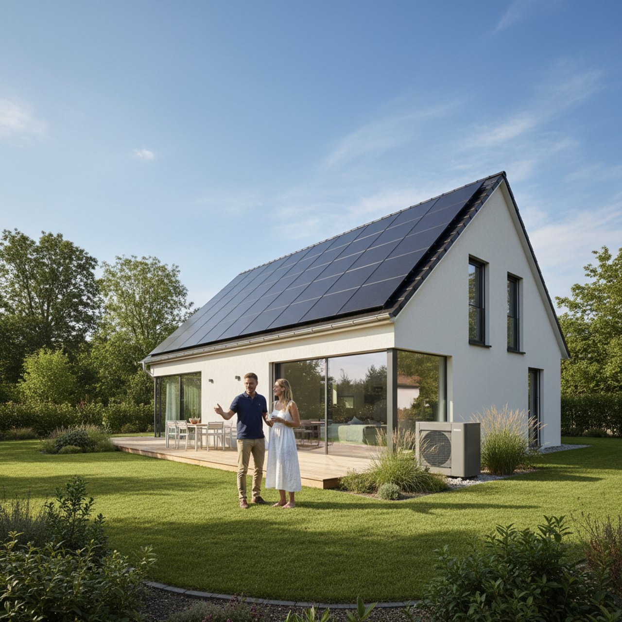Haus mit PV-Anlage und Wärmepumpe