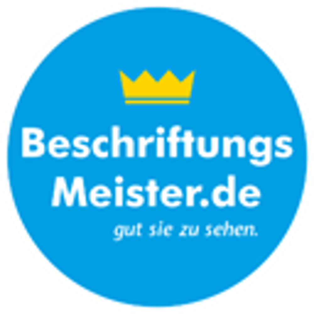 Blaues Logo mit goldener Krone, "BeschriftungsMeister.de" und "gut sie zu sehen."