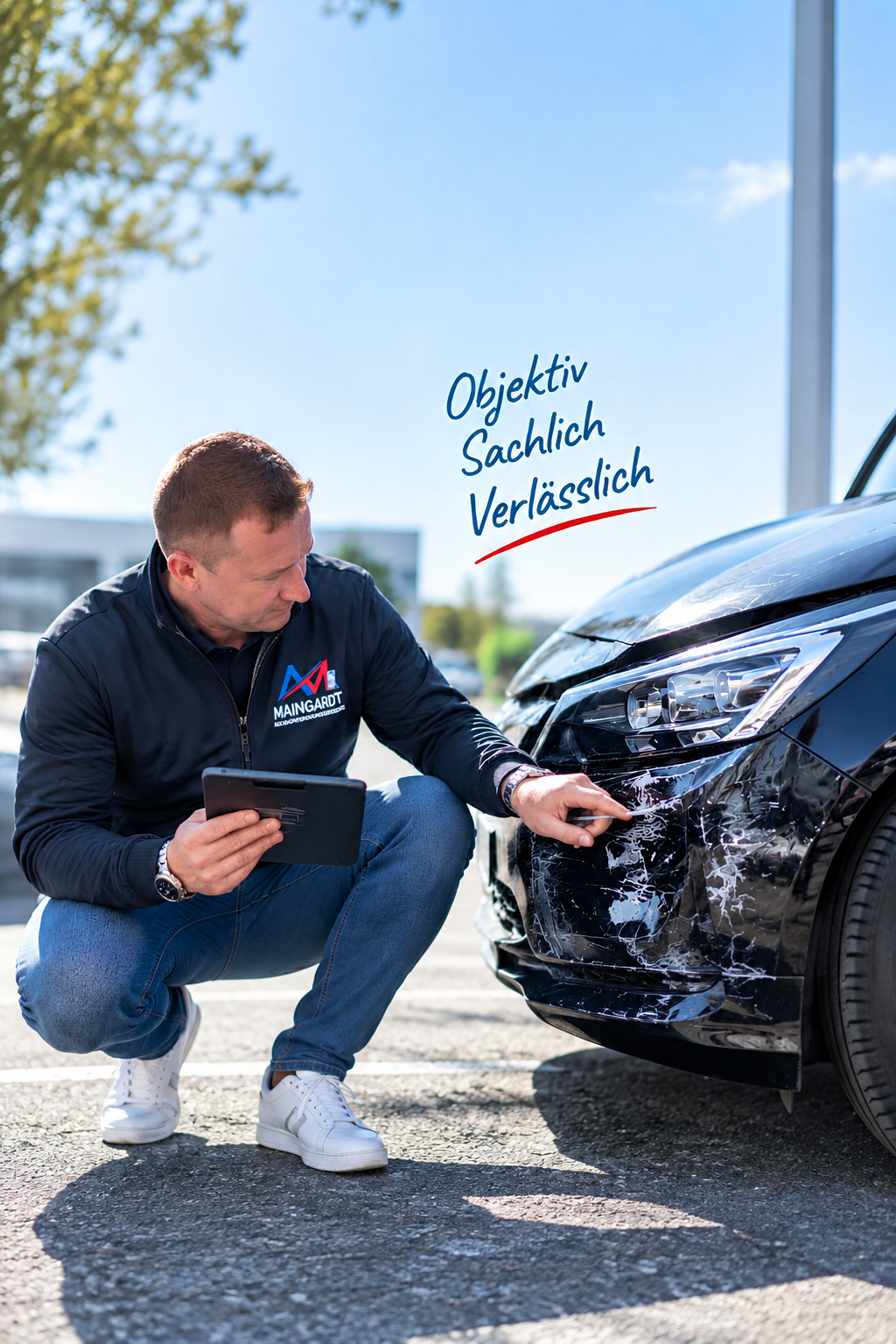 Kfz-Sachverständiger Alexander Maingardt bei der Schadenaufnahme an einem Fahrzeug in Achern