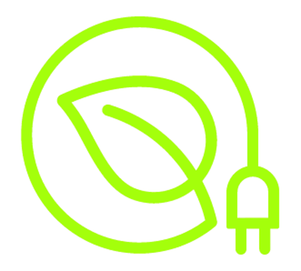 Grünes Blatt und Stecker in einem Kreis, der nachhaltige Energie symbolisiert.