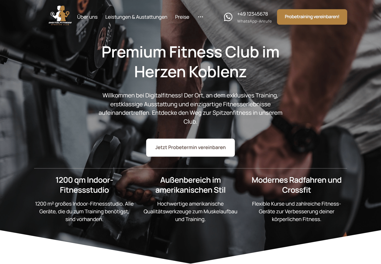 Startseite einer Website für ein Fitnessstudio