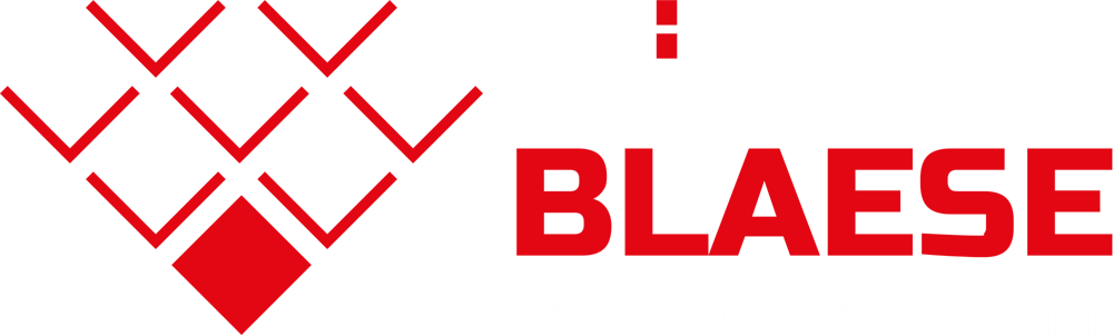Logo von Günter Blaese Straßen- und Tiefbau GmbH mit roten Pfeilen/Rhombus auf grünem Hintergrund.