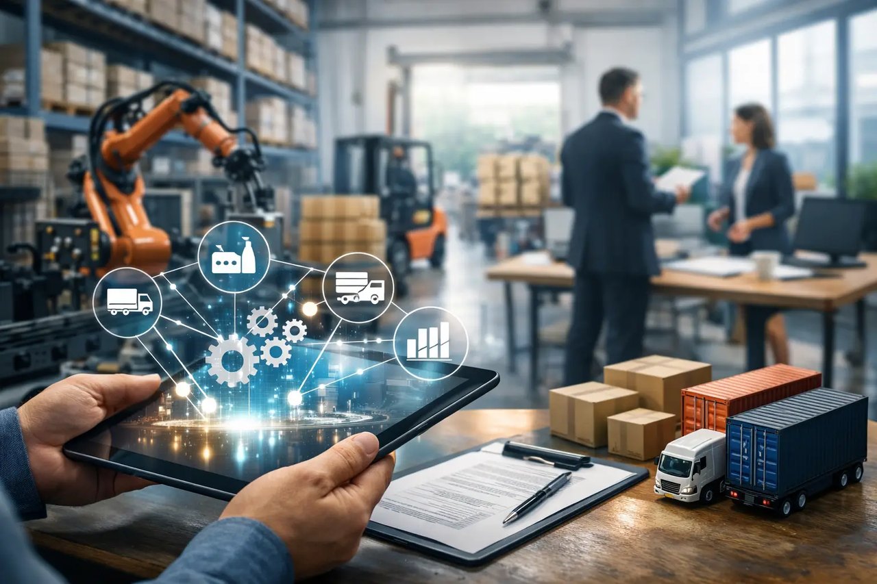 Hände halten Tablet mit digitalen Logistik-Symbolen vor Roboterarm, Gabelstapler und Mitarbeitern in einer Lagerhalle.