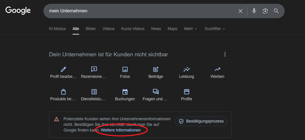 Google-Suche mit „mein Unternehmen“ und hervorgehobenem Button „Weitere Informationen“