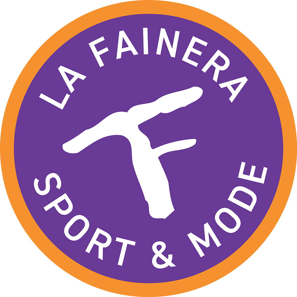 Rundes, lila-oranges Logo mit weißem "F" und dem Text "LA FAINERA SPORT & MODE".