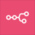 White merge icon with three connected circles branching into two additional circles on a pink background.
