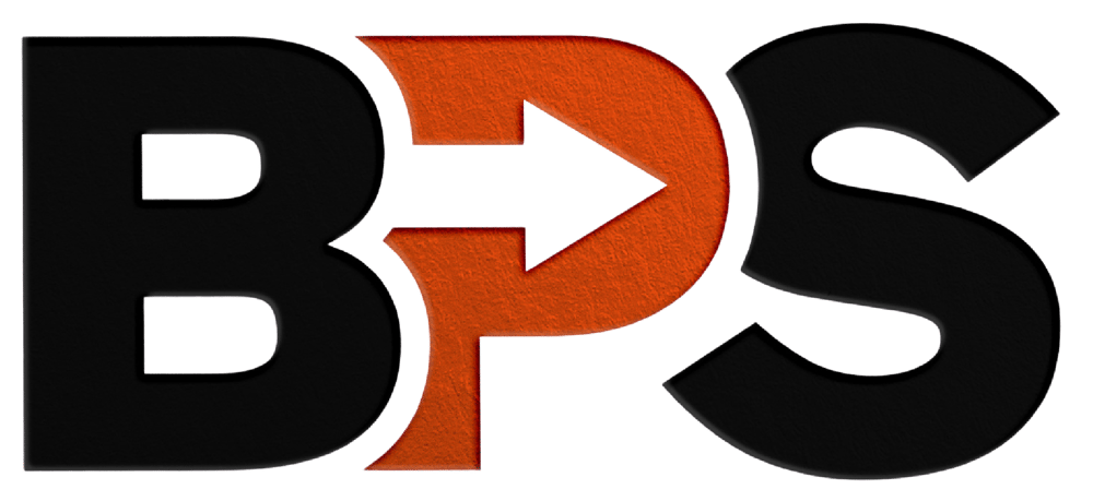 BPS-Logo mit schwarzem "B" und "S", orangefarbenes "P" als Pfeil.
