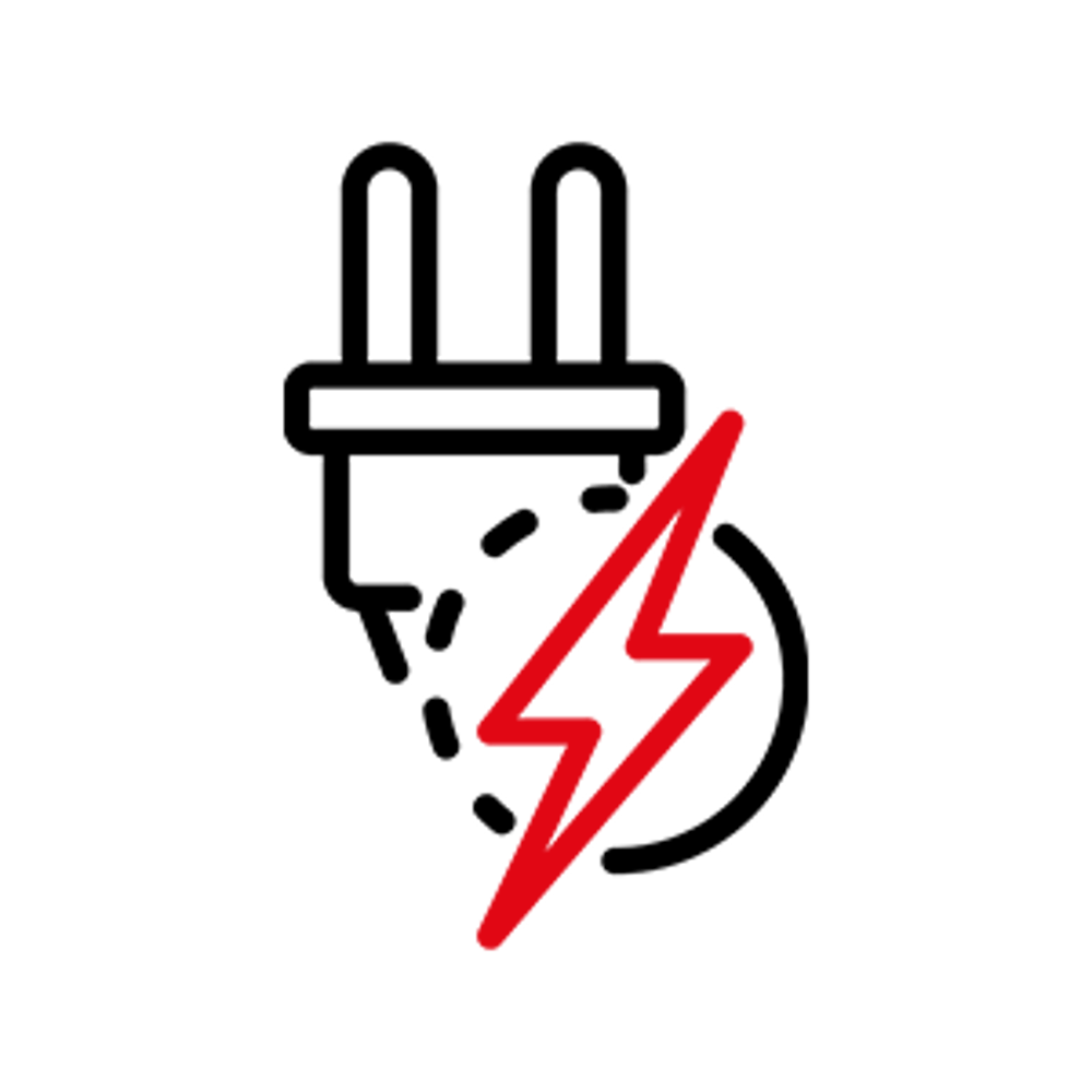 Schwarzer Stecker mit gestrichelter Linie, die zu einem roten Blitzsymbol auf dunkelgrünem Hintergrund führt.