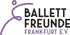 Logo der Ballett Freunde Frankfurt e.V. mit einer lila Figur und schwarzem Text auf grünem Hintergrund.