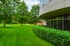 Grüne Rasenfläche und Hecke vor einem modernen Gebäude mit reflektierenden Fenstern und Bäumen im Hintergrund.