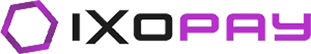 Logo von IXOPAY mit einem violetten Hexagon und dem Schriftzug "IXOPAY" in Schwarz und Violett.