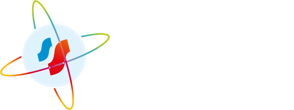 Logo: Schuster & Sohn Gruppe. Energie die ankommt. Atommodell mit blauen und roten Elementen in der Mitte.