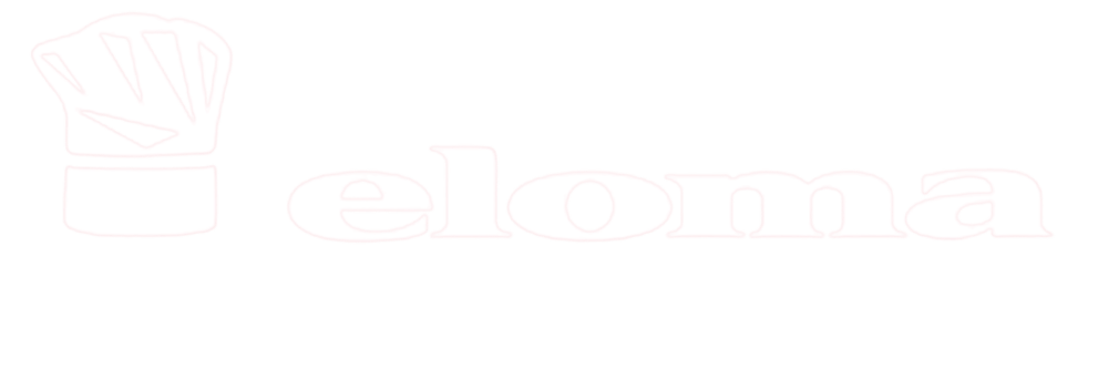 Weißer Kochhut und das Wort "eloma" auf dunkelgrünem Hintergrund.