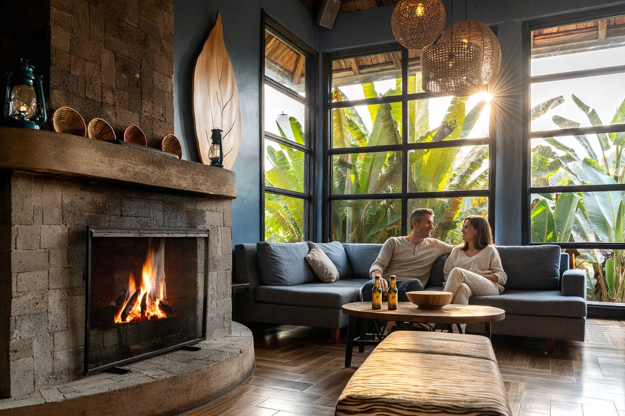 Lounge with an open fire