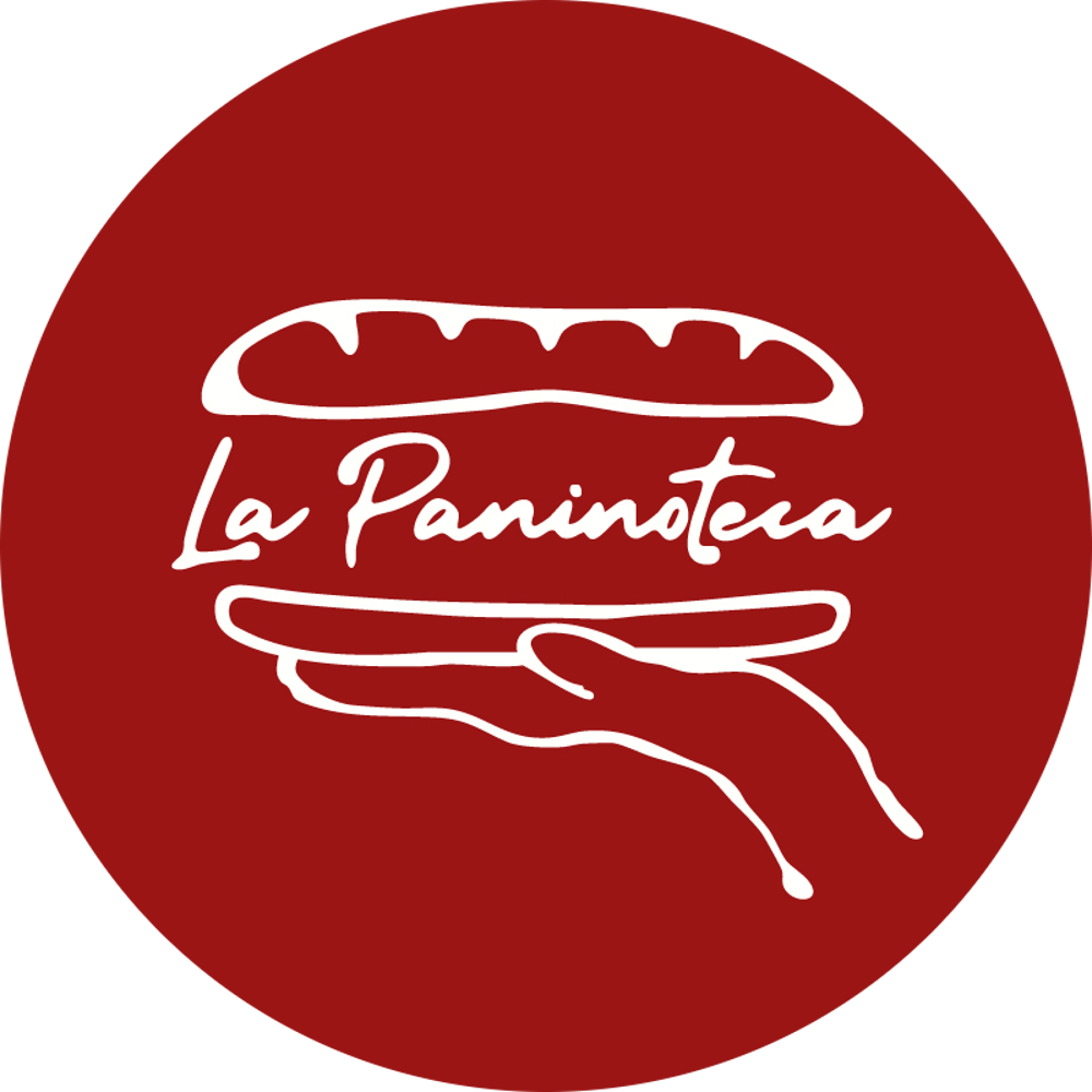 Rotes Logo mit weißem Umriss eines Paninis und einer Hand, in der Mitte der Text „La Paninoteca“.