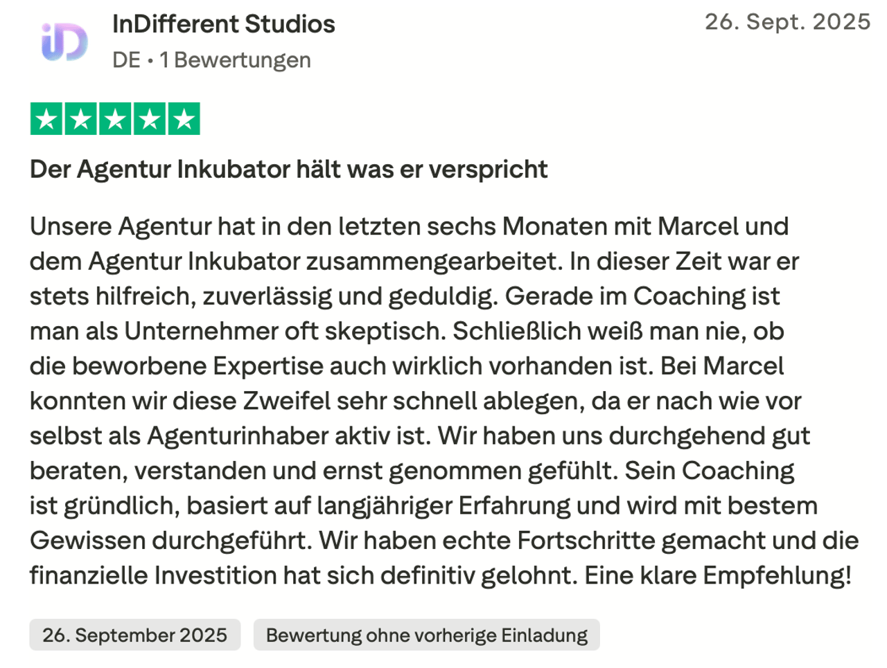 Trustpilot-Rezension von InDifferent Studios