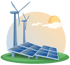 Zwei Windkraftanlagen und mehrere Solarmodule auf einer grünen Wiese vor einer Sonne mit Wolken.