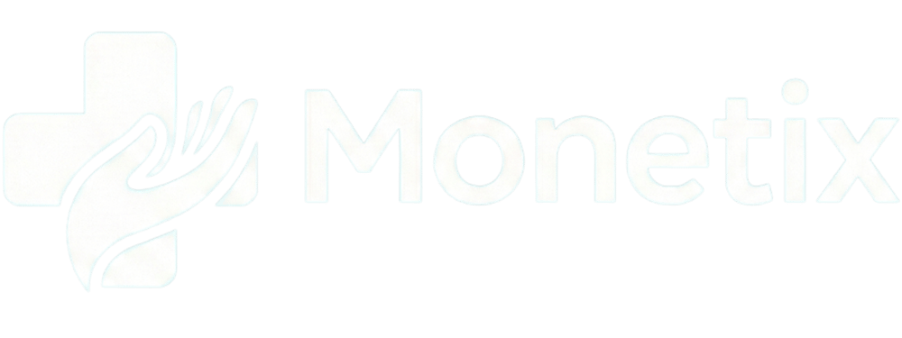 Monetix Logo: Weißes Kreuz mit Hand davor und Schriftzug "Monetix" auf grünem Hintergrund.