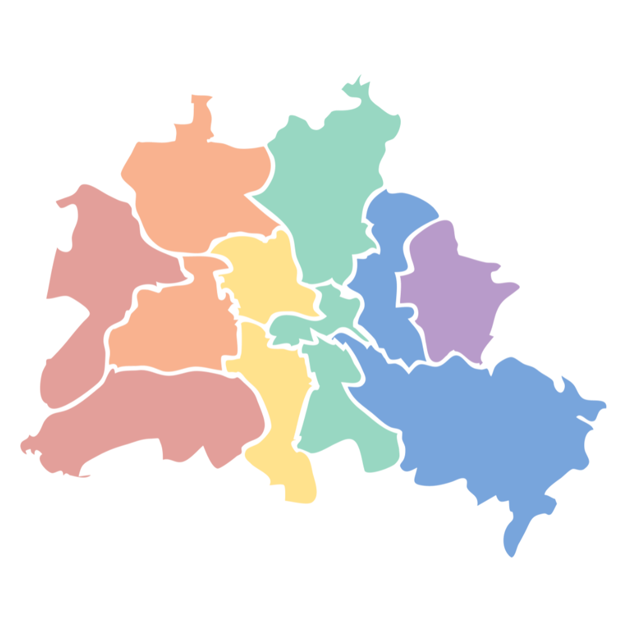 Farbige Karte der zwölf Berliner Bezirke auf dunkelgrünem Hintergrund.