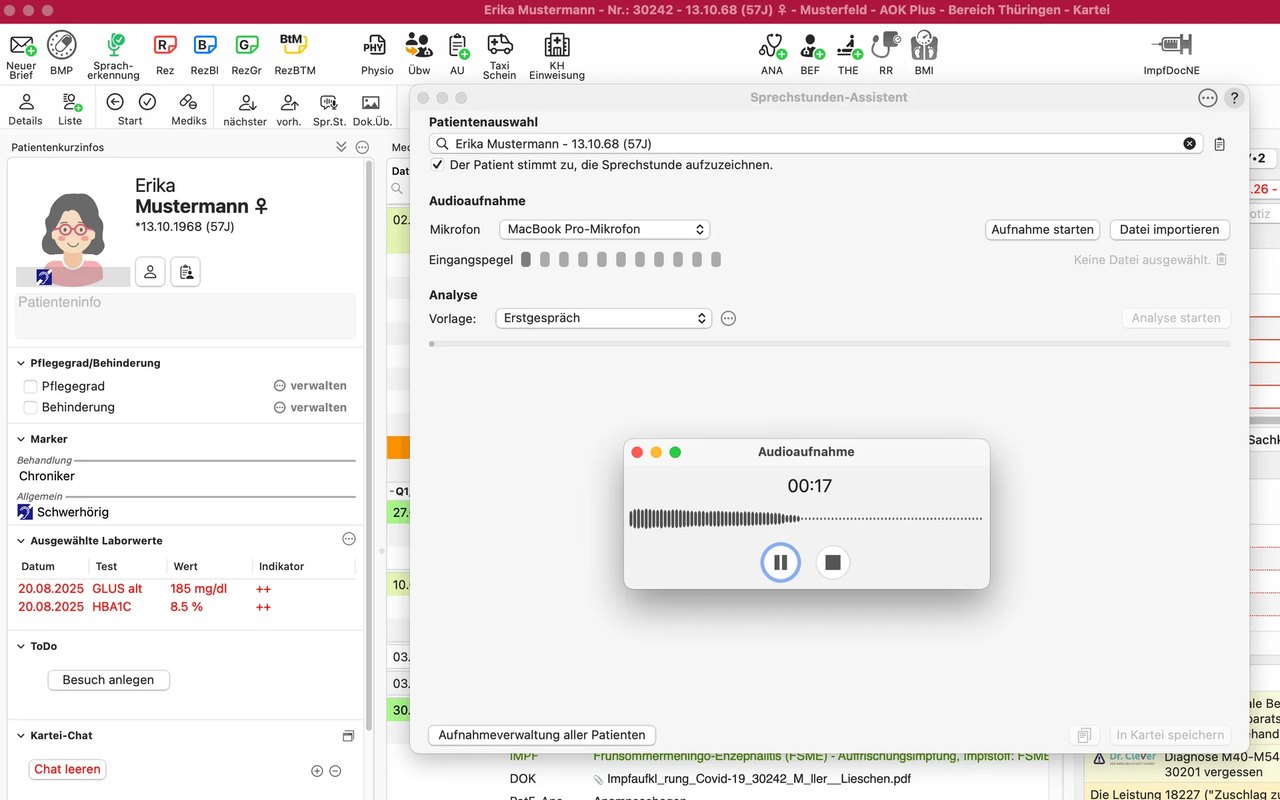 Sprechstunden-Assistent in tomedo mit laufender Audioaufnahme neben der Patientenkartei