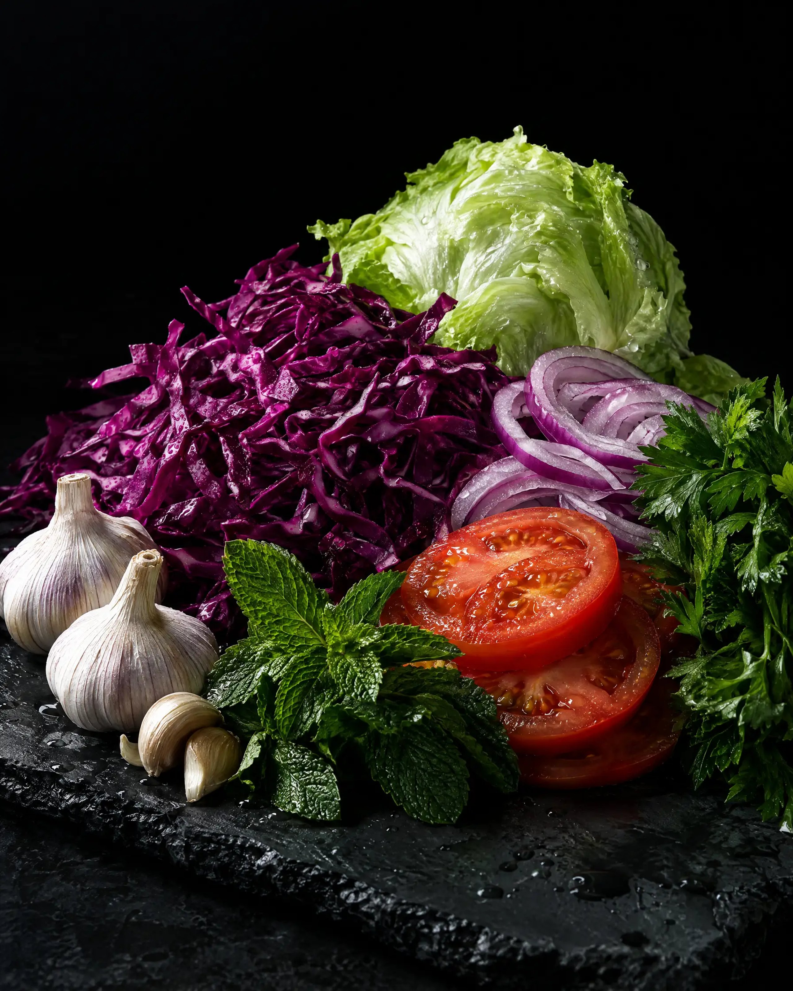 Fresh vegetables, herbs and garlic on dark slate